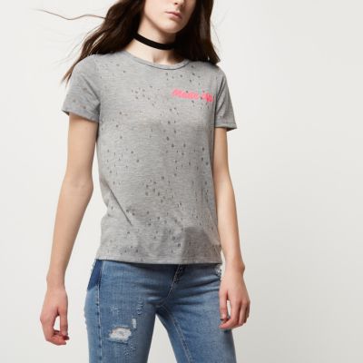 Grey print distressed T-shirt